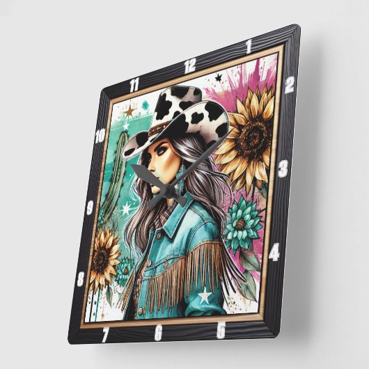 女性のカーボーイスタイリッシュイラストレーションフローラウェスタンテーマ スクエア壁時計 (傾斜)