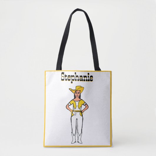 女性のカーボーイダンサートートホワイトイエローフリンジB トートバッグ (正面)