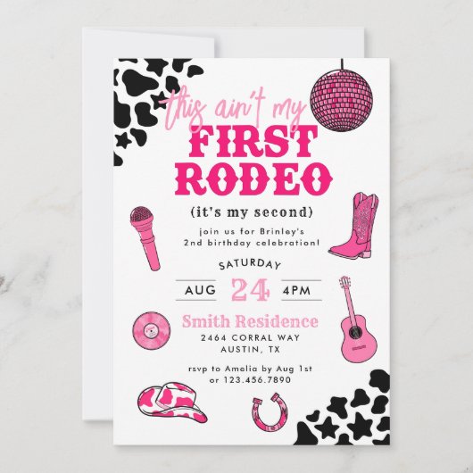 女性のカーボーイディスコアインマイファーストロデオ誕生日 招待状 (正面)