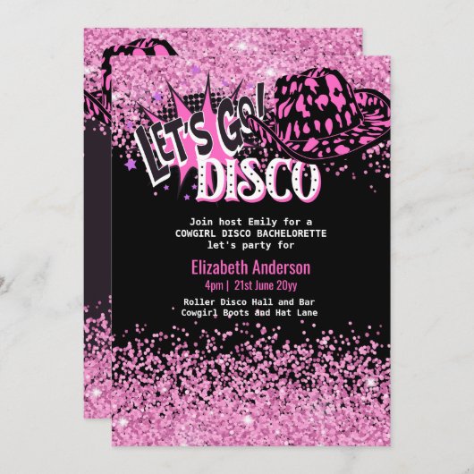 女性のカーボーイディスコバチェロレッテレッツラストライドロデオ 招待状 (正面/裏面)