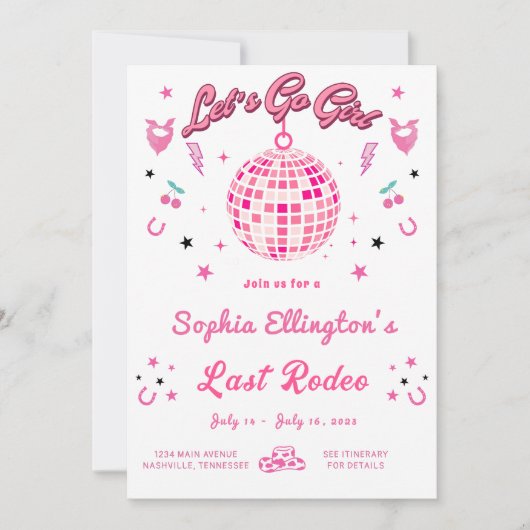 女性のカーボーイディスコバチェロレッテ週末の日程 招待状 (正面)
