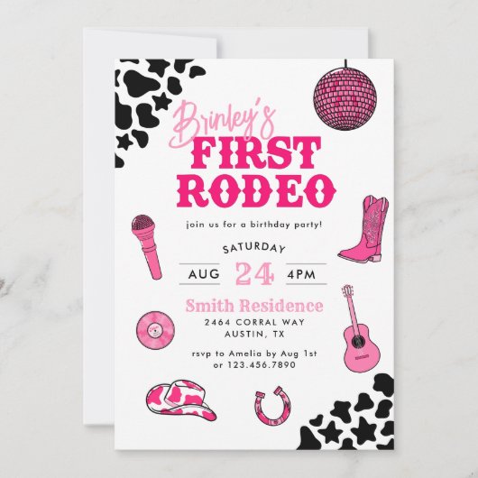 女性のカーボーイディスコファーストロデオ誕生日招待状 招待状 (正面)