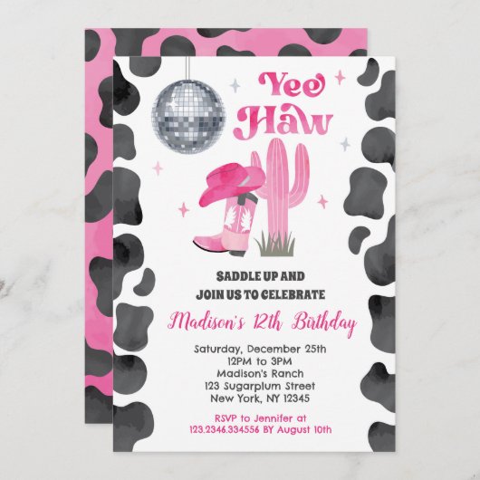 女性のカーボーイディスコロデオウェスタン誕生日招待状 招待状 (正面/裏面)