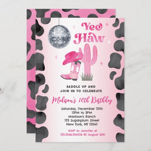 女性のカーボーイディスコロデオウェスタン誕生日招待状 招待状 (正面/裏面)