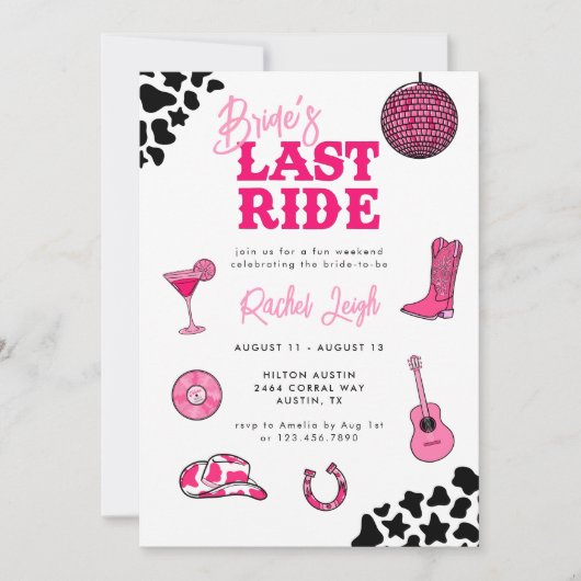 女性のカーボーイディスコ最後のライドバチェロレッテ招待状 招待状 (正面)