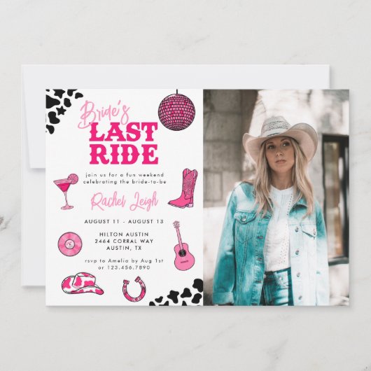 女性のカーボーイディスコ最後のライドバチェロレッテ週末の招待 招待状 (正面)