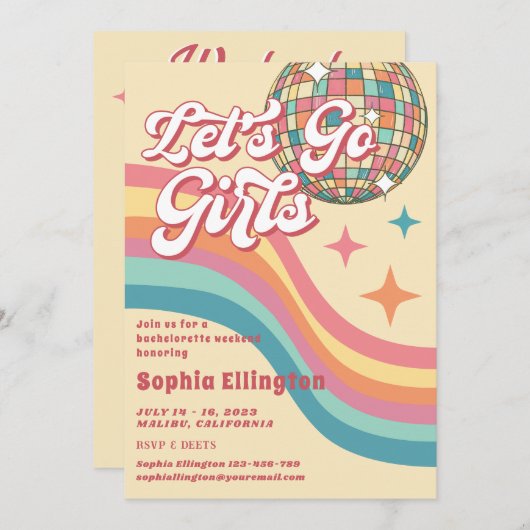 女性のカーボーイディスコ70のレトロバチェロレッテ週末 招待状 (正面/裏面)