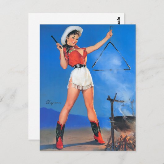 女性のカーボーイディナータイムピンアップ ポストカード (正面/裏面)