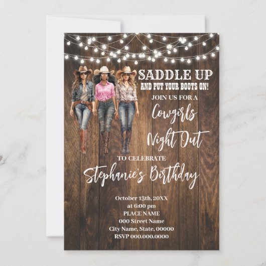 女性のカーボーイナイトアウトウエスタンカントリー誕生日 招待状 (正面)