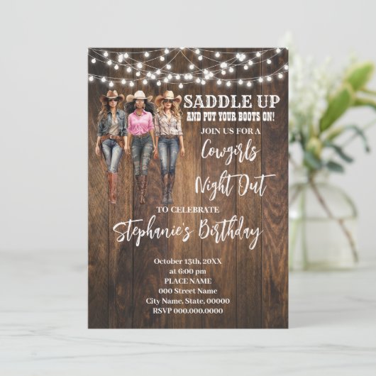 女性のカーボーイナイトアウトウエスタンカントリー誕生日 招待状 (スタンド正面)