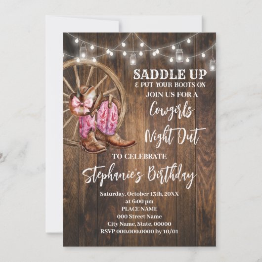 女性のカーボーイナイトアウトピンクウェスタンカントリー誕生日 招待状 (正面)