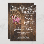 女性のカーボーイナイトアウトピンクウェスタンカントリー誕生日 招待状 (正面/裏面)