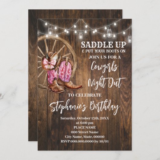 女性のカーボーイナイトアウトピンクウェスタンカントリー誕生日 招待状 (正面/裏面)