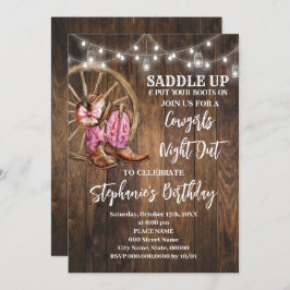 女性のカーボーイナイトアウトピンクウェスタンカントリー誕生日 招待状