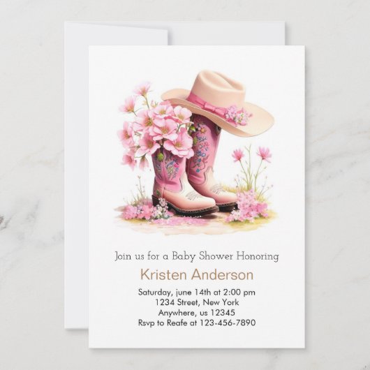 女性のカーボーイハットとブーツウェスタンベビーシャワー 招待状 (正面)