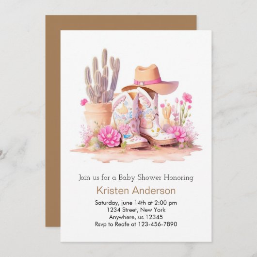 女性のカーボーイハットとブーツワイルドウェスト赤ちゃんシャワー 招待状 (正面/裏面)