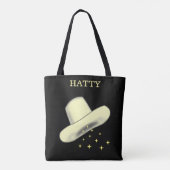 女性のカーボーイハットカートゥーンイメージ&スターオンブラック トートバッグ (裏面)