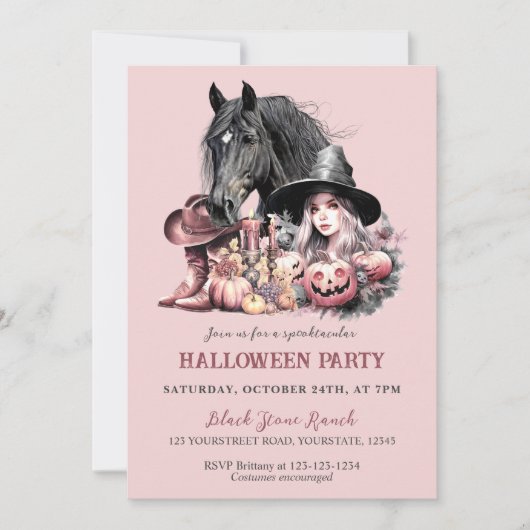 女性のカーボーイハロウィーン馬ピンクガーリーブラック 招待状 (正面)