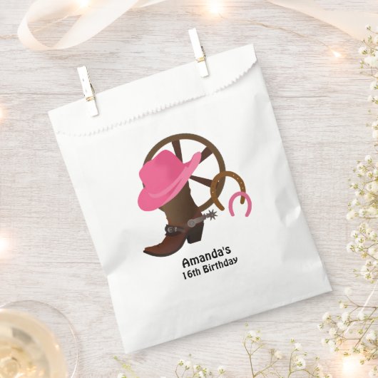 女性のカーボーイパーソナライズされた誕生日パーティー フェイバーバッグ (クリップ留めされた状態)