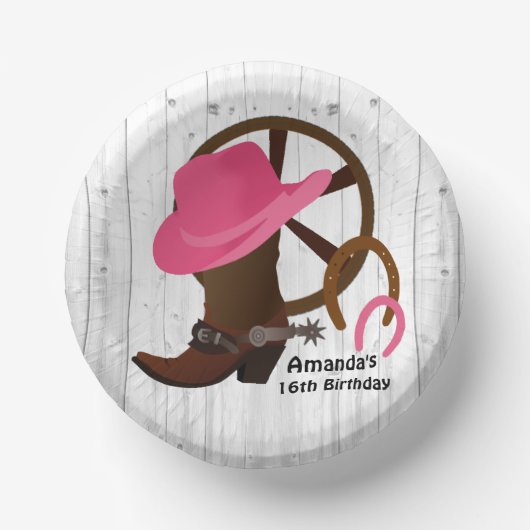 女性のカーボーイパーソナライズされた誕生日会素朴 ペーパーボウル (正面)
