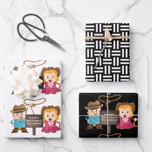 女性のカーボーイパーソナライズされた&カウボーイ ラッピングペーパーシート (正面)