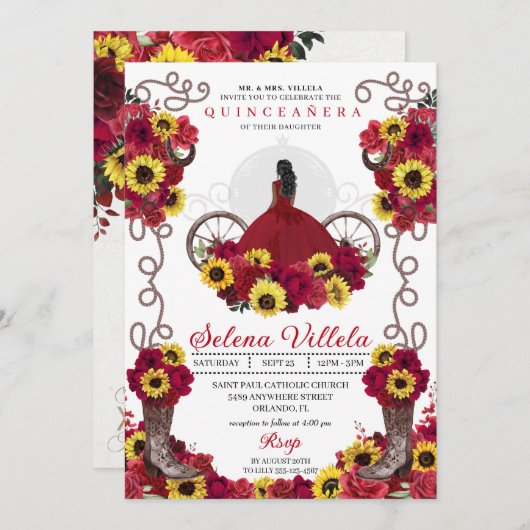 女性のカーボーイヒマワリバラズウェスタンキンセアニェラ 招待状 (正面/裏面)