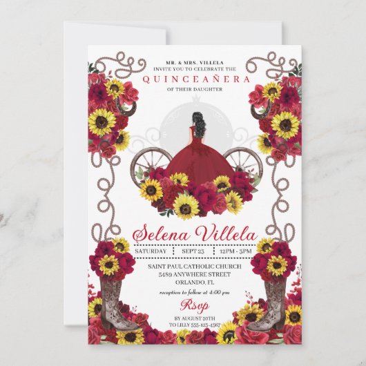 女性のカーボーイヒマワリバラズウェスタンキンセアニェラ 招待状 (正面)