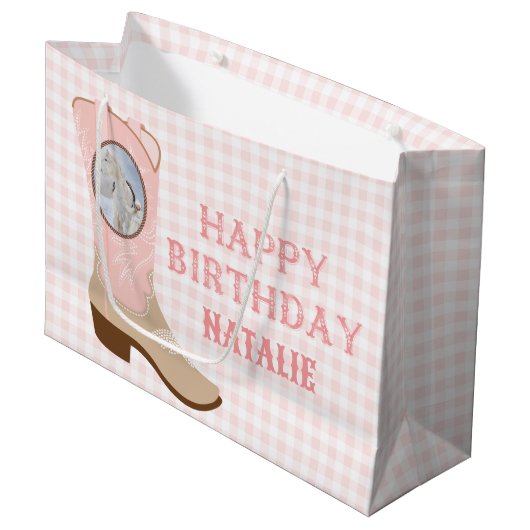 女性のカーボーイピンクのブートフォト ラージペーパーバッグ (正面アングル)