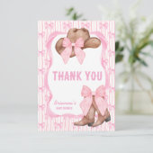 女性のカーボーイピンクのリボン女の子の赤ちゃんシャワー サンキューカード (スタンド正面)
