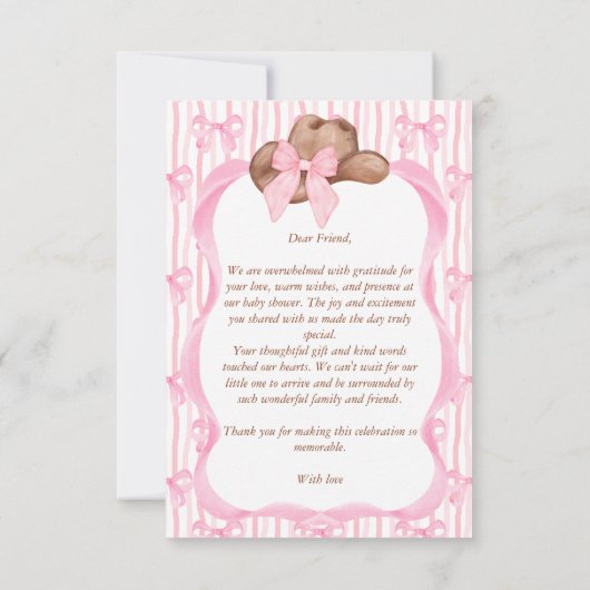 女性のカーボーイピンクのリボン女の子の赤ちゃんシャワー サンキューカード (裏面)