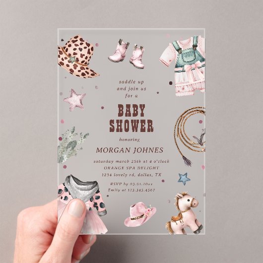女性のカーボーイピンクウエスタンロデオベビーシャワー招待状 アクリル招待状 (インサイチュ (ポータブル))