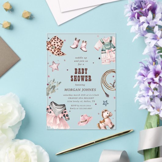 女性のカーボーイピンクウエスタンロデオベビーシャワー招待状 アクリル招待状 (インサイチュ (ウェディング))