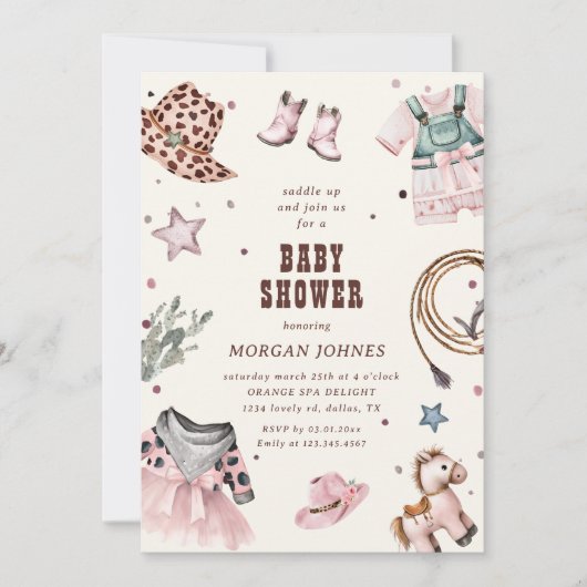 女性のカーボーイピンクウエスタンロデオベビーシャワー招待状 招待状 (正面)