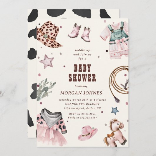 女性のカーボーイピンクウエスタンロデオベビーシャワー招待状 招待状 (正面/裏面)