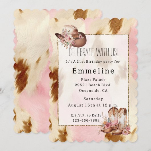 女性のカーボーイピンククリームブラウンコウィドハットブーツ 招待状 (正面/裏面)