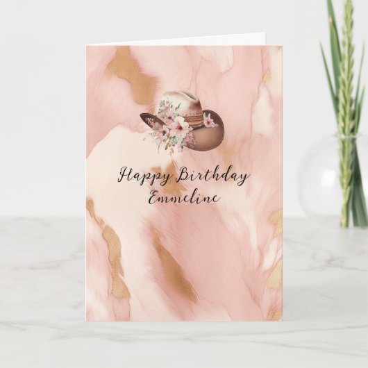 女性のカーボーイピンククリームブラウンコウィドハット&ブーツ カード (正面)