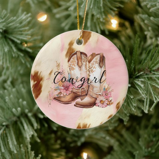 女性のカーボーイピンククリームブラウンコウィドフローラブーツ セラミックオーナメント (ツリー)