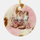 女性のカーボーイピンククリームブラウンコウィドフローラブーツ セラミックオーナメント (正面)