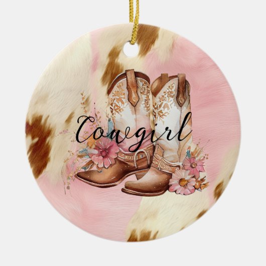 女性のカーボーイピンククリームブラウンコウィドフローラブーツ セラミックオーナメント (正面)