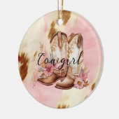 女性のカーボーイピンククリームブラウンコウィドフローラブーツ セラミックオーナメント (左)