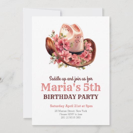 女性のカーボーイピンクハットロデオウェスタン誕生日 招待状 (正面)