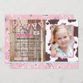 女性のカーボーイピンクバンダンナウエスタンテーマ誕生日 招待状 (正面/裏面)