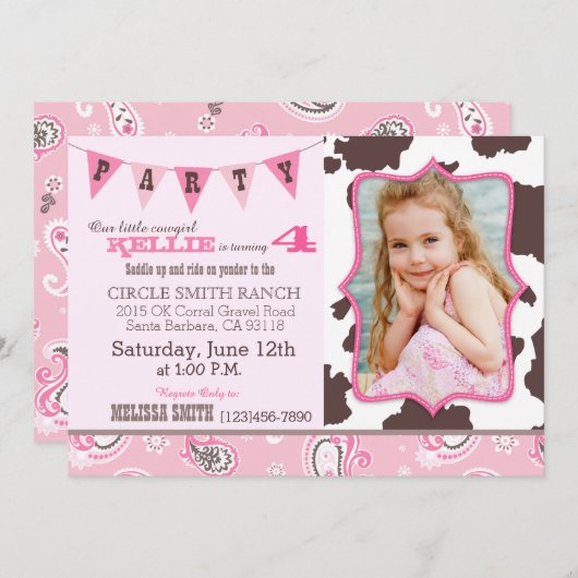 女性のカーボーイピンクバンダンナウエスタンテーマ誕生日 招待状 (正面/裏面)