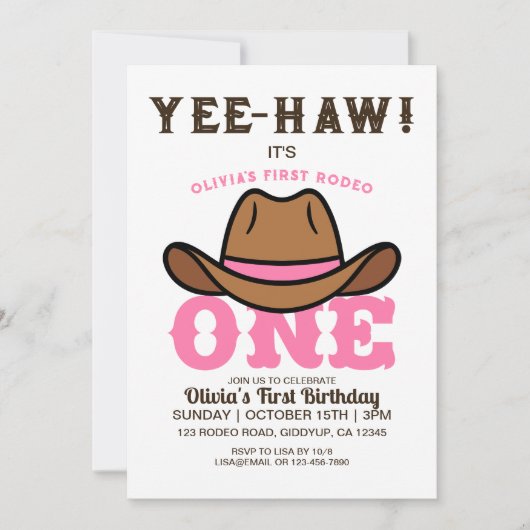女性のカーボーイピンクファーストロデオファースト誕生日 招待状 (正面)
