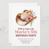 女性のカーボーイピンクフローラハットロデオウェスタン誕生日 招待状 (正面/裏面)