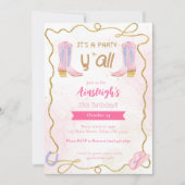 女性のカーボーイピンクブーツウェスタンバースデーパーティー 招待状 (正面)