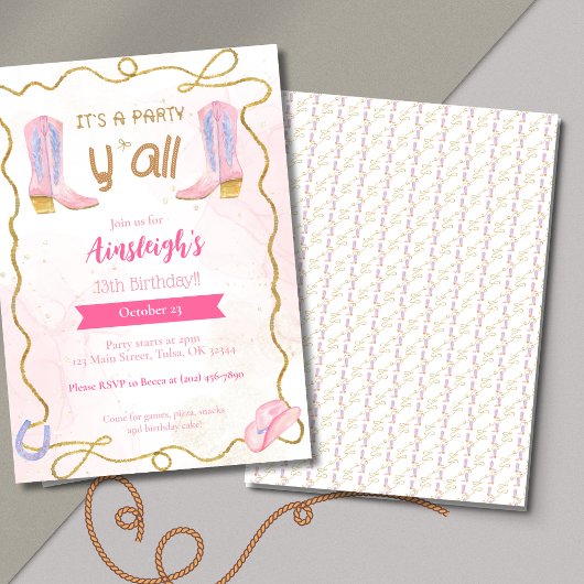 女性のカーボーイピンクブーツウェスタンバースデーパーティー 招待状