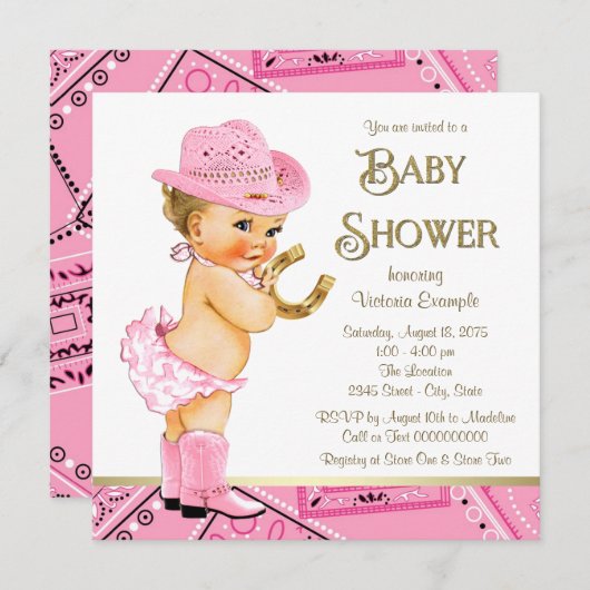 女性のカーボーイピンク金ゴールド蹄鉄女性のカーボーイベビーシャワー 招待状 (正面/裏面)