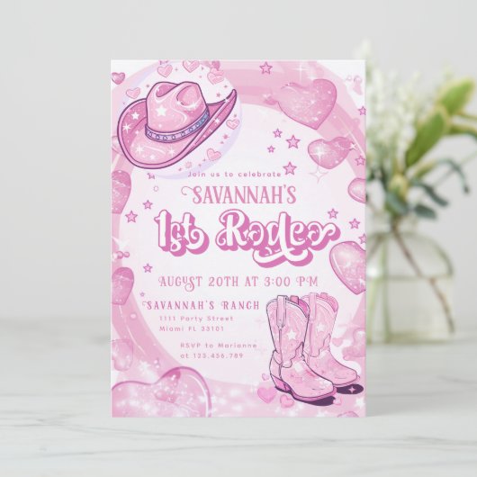 女性のカーボーイピンク1stロデオファースト誕生日 招待状 (スタンド正面)