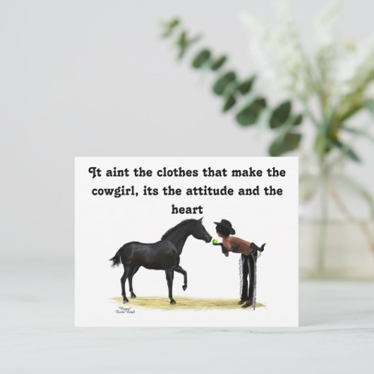 女性のカーボーイピンナップ付き馬葉書 ポストカード (スタンド正面)